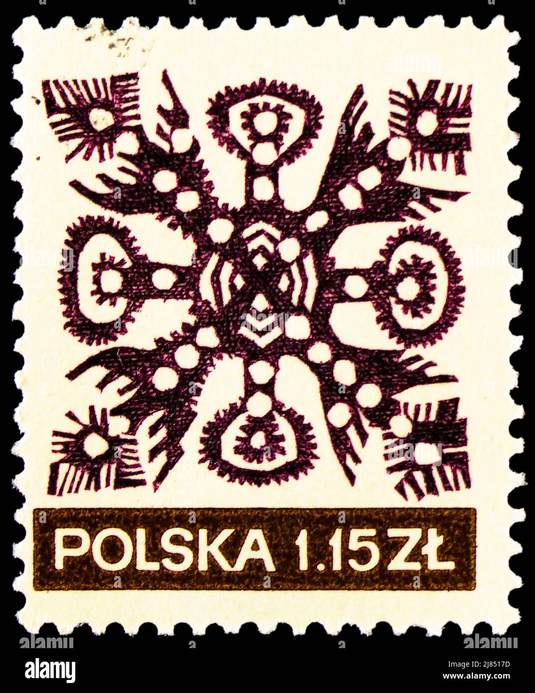 MOSCOW, RUSSIA - APRIL 10, 2022: Postage stamp printed in Poland shows Paper cut-out from Rawa Mazowiecka region (museum KraKow), Folk art serie, circ Stock Photo