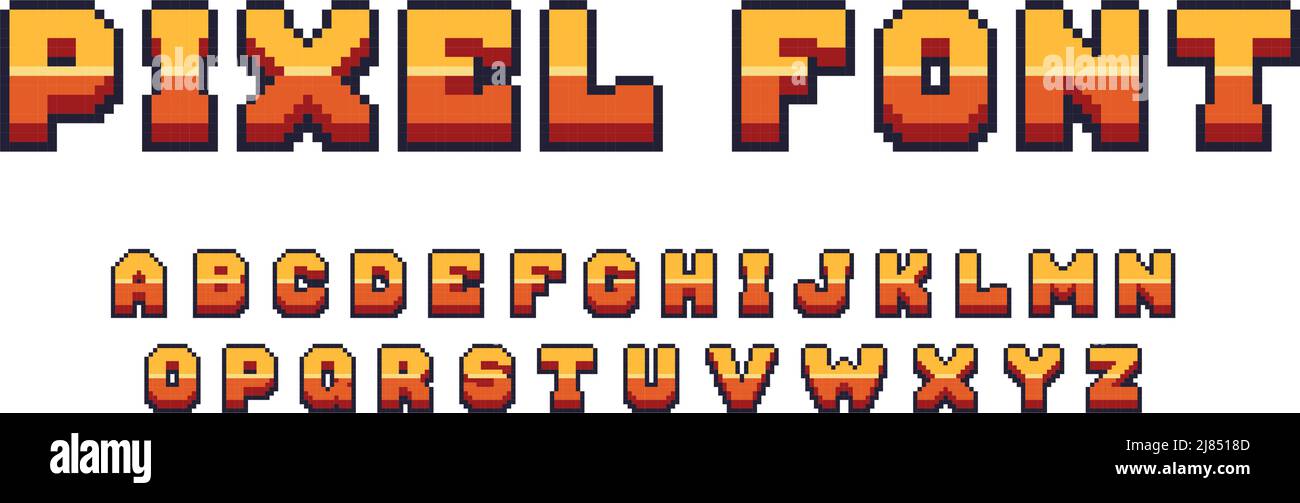 Pixel game font. Arcade 8 bit alphabet symbols, retro console text elements, 80s type letters. Vector computer and video game comic letter set Stock Vector