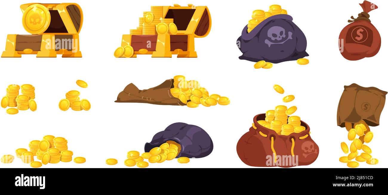 Chest and coin bag. Cartoon wooden pirate box with piles and stacks of golden coins, game award and treasure interface element. Vector medieval Stock Vector
