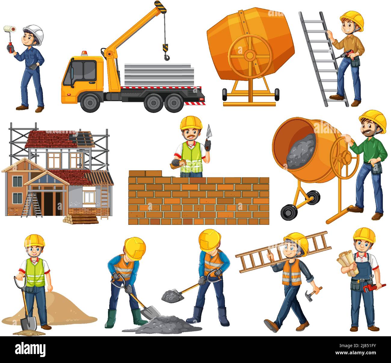 Set of construction site objects and workers illustration Stock Vector