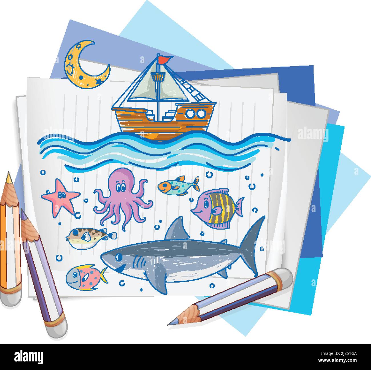 Kids hand drawn doodle sea animals illustration Stock Vector Image ...