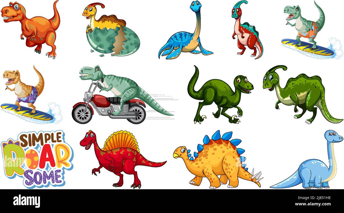 Many dinosaurs on white background illustration Stock Vector