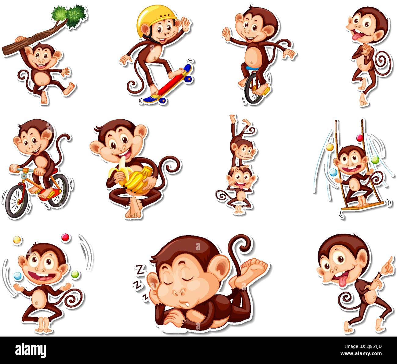 Sticker set of funny monkey cartoon characters illustration Stock ...