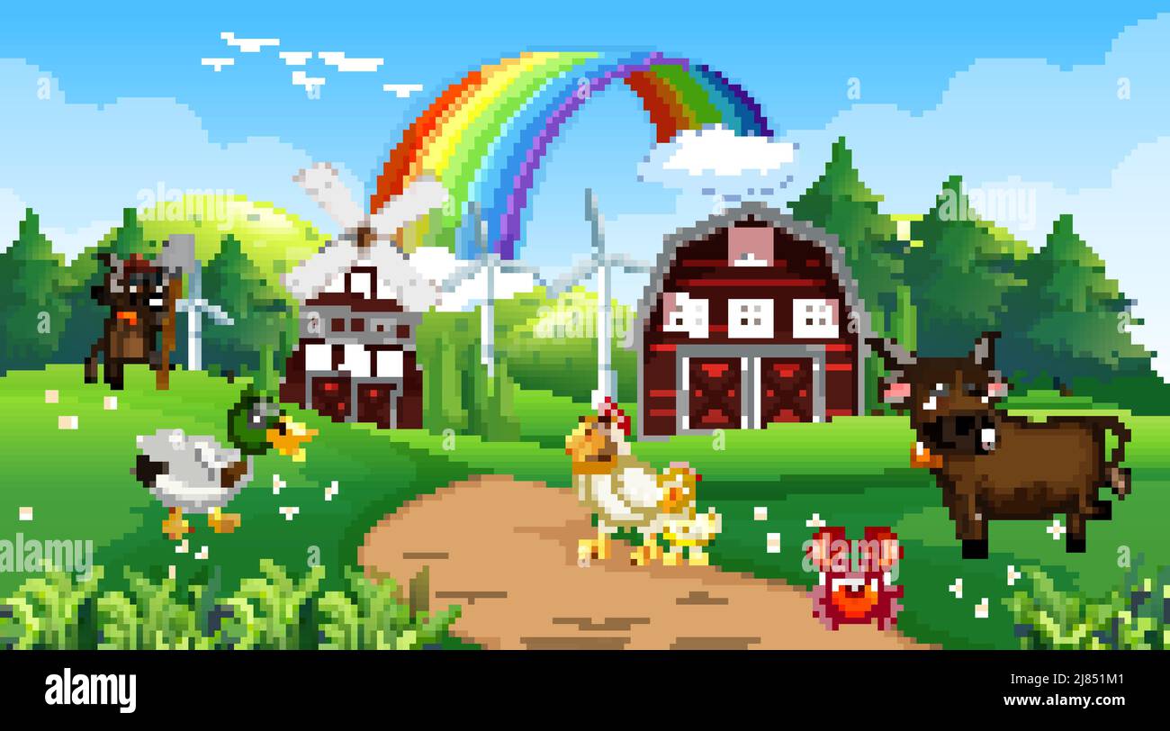 Farm scene with animals in the field illustration Stock Vector Image ...
