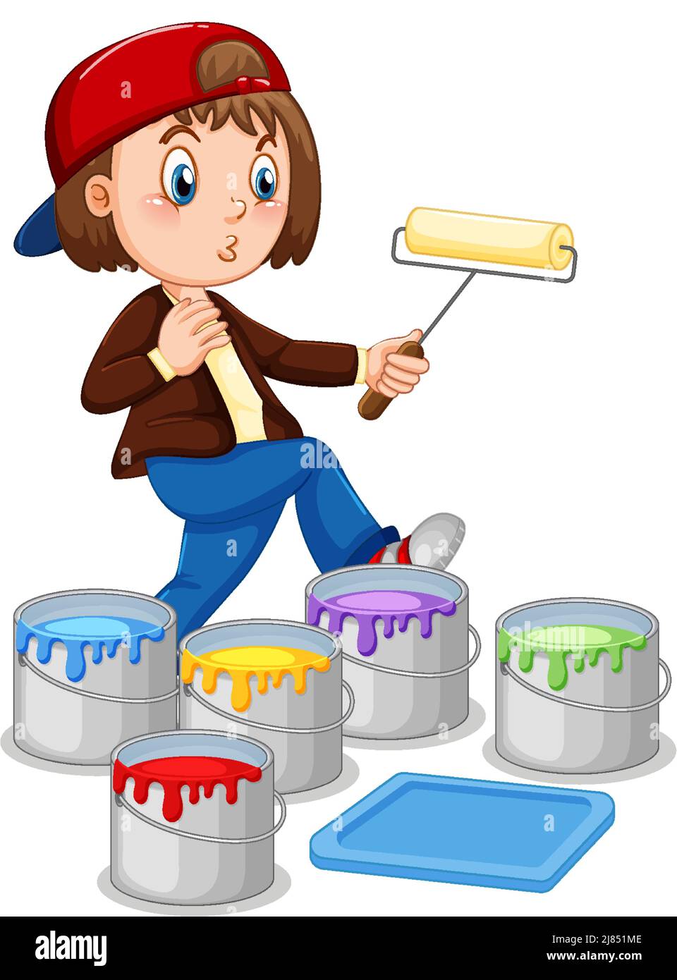 Little girl with buckets of paints illustration Stock Vector Image