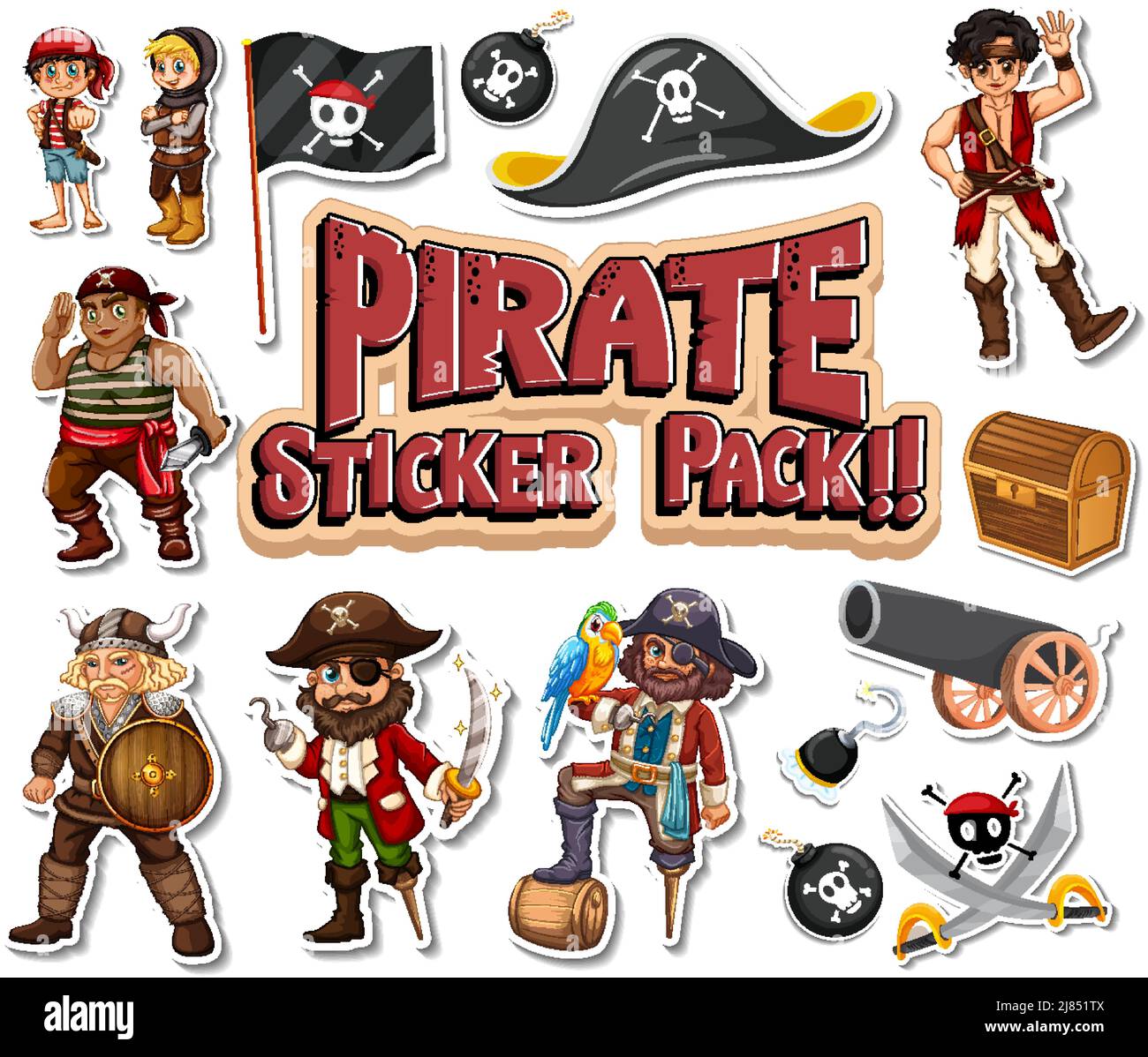 Sticker pack of pirate cartoon characters and objects illustration ...