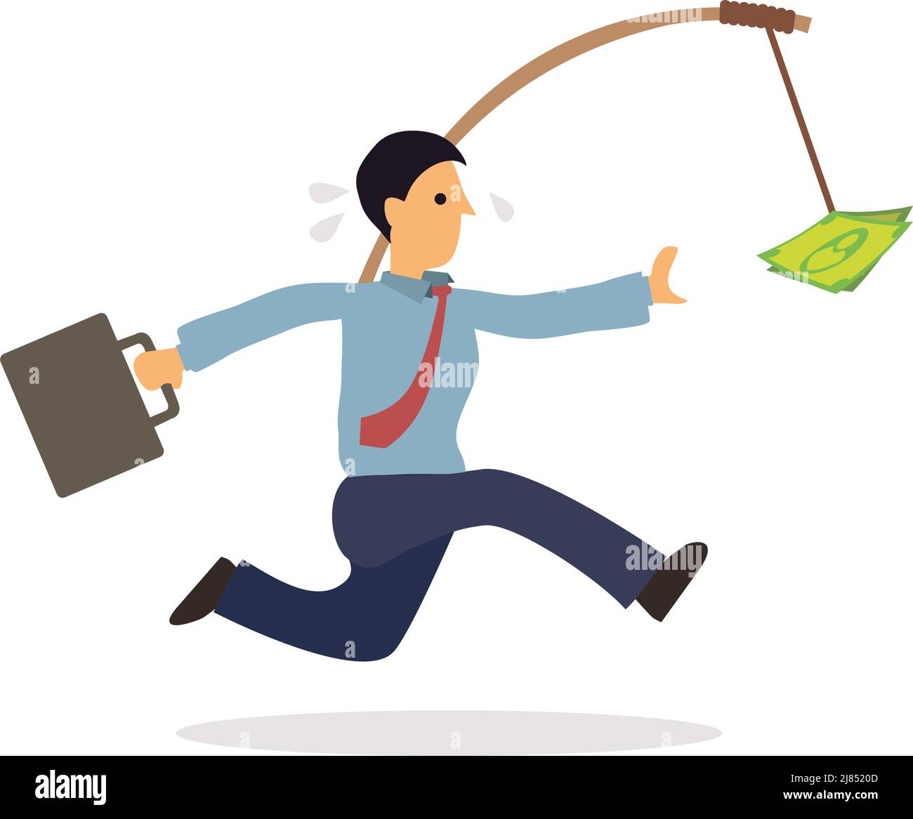 Businessman runs for money. Concept for rat race or greed. Flat cartoon character vector illustration isolated on white background. Stock Vector