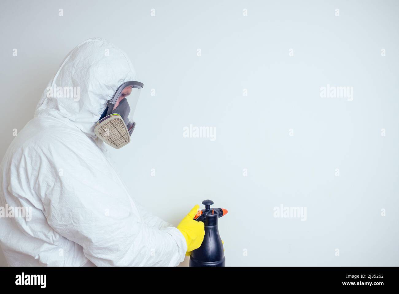pest control worker spraying pesticides with sprayer in apartment copy