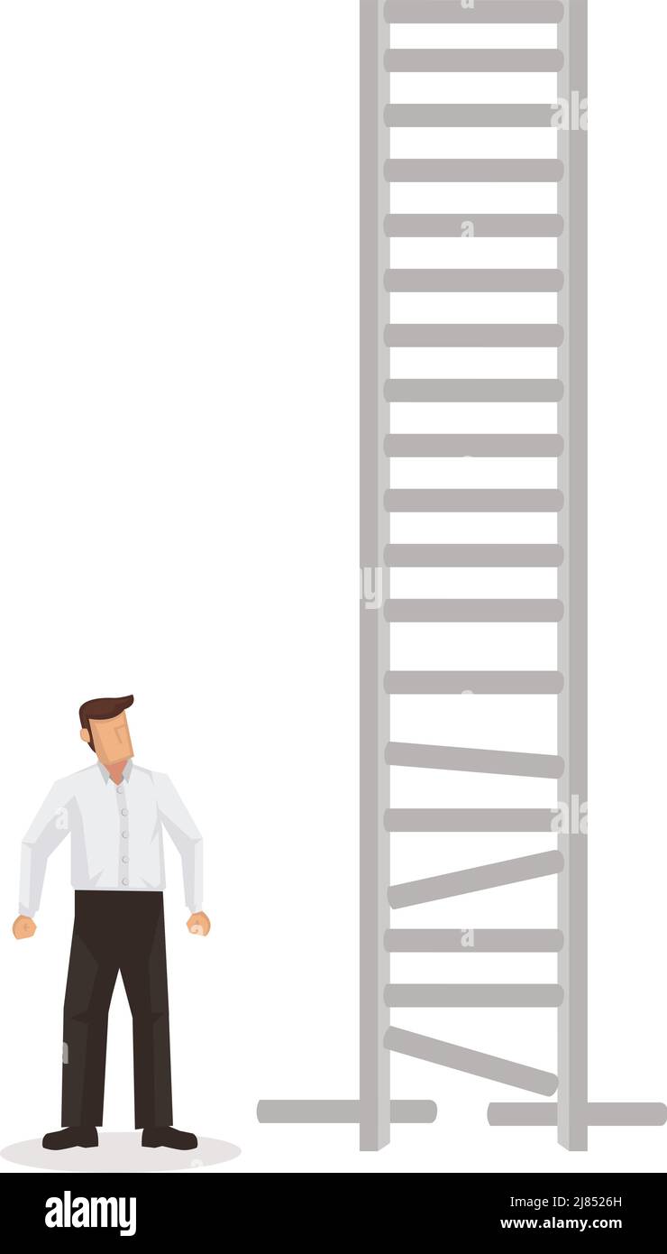 Business man looking at a broken ladder. Concept of business obstacle. Flat cartoon character vector illustration. Stock Vector