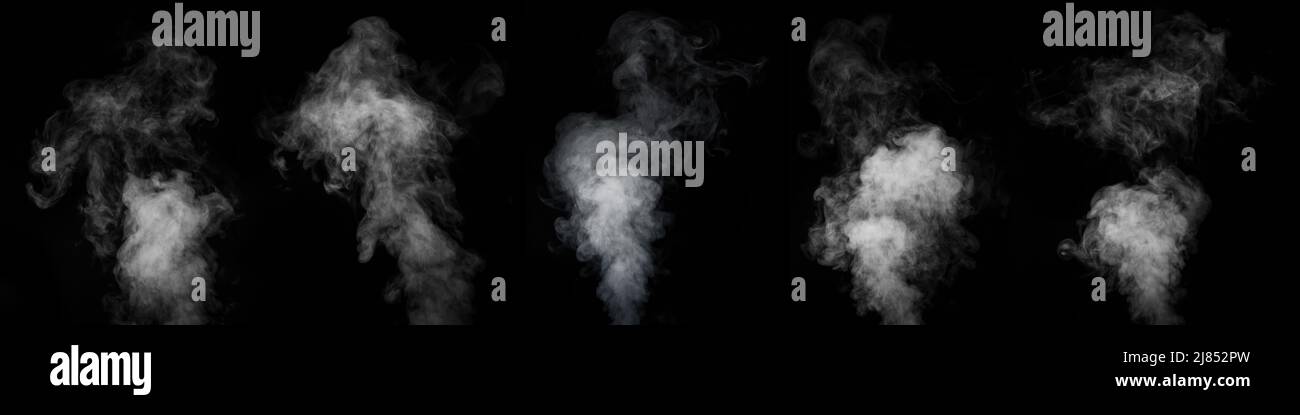 A set of five different types of swirling smoke, steam, isolated on a ...