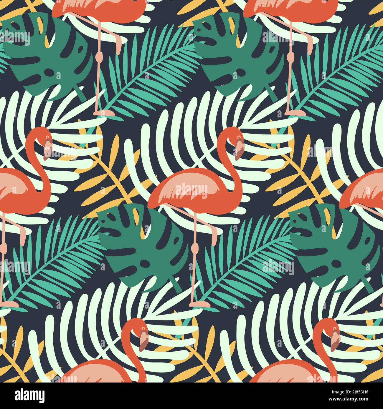 Tropical palm leaf and pink flamingo on dark background for textile and ...