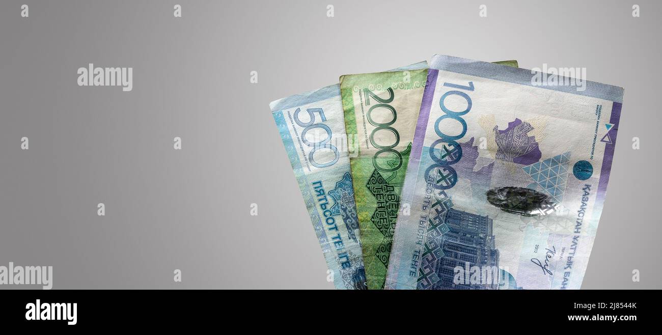 Kazakh Tenge banknotes on neutral background Stock Photo