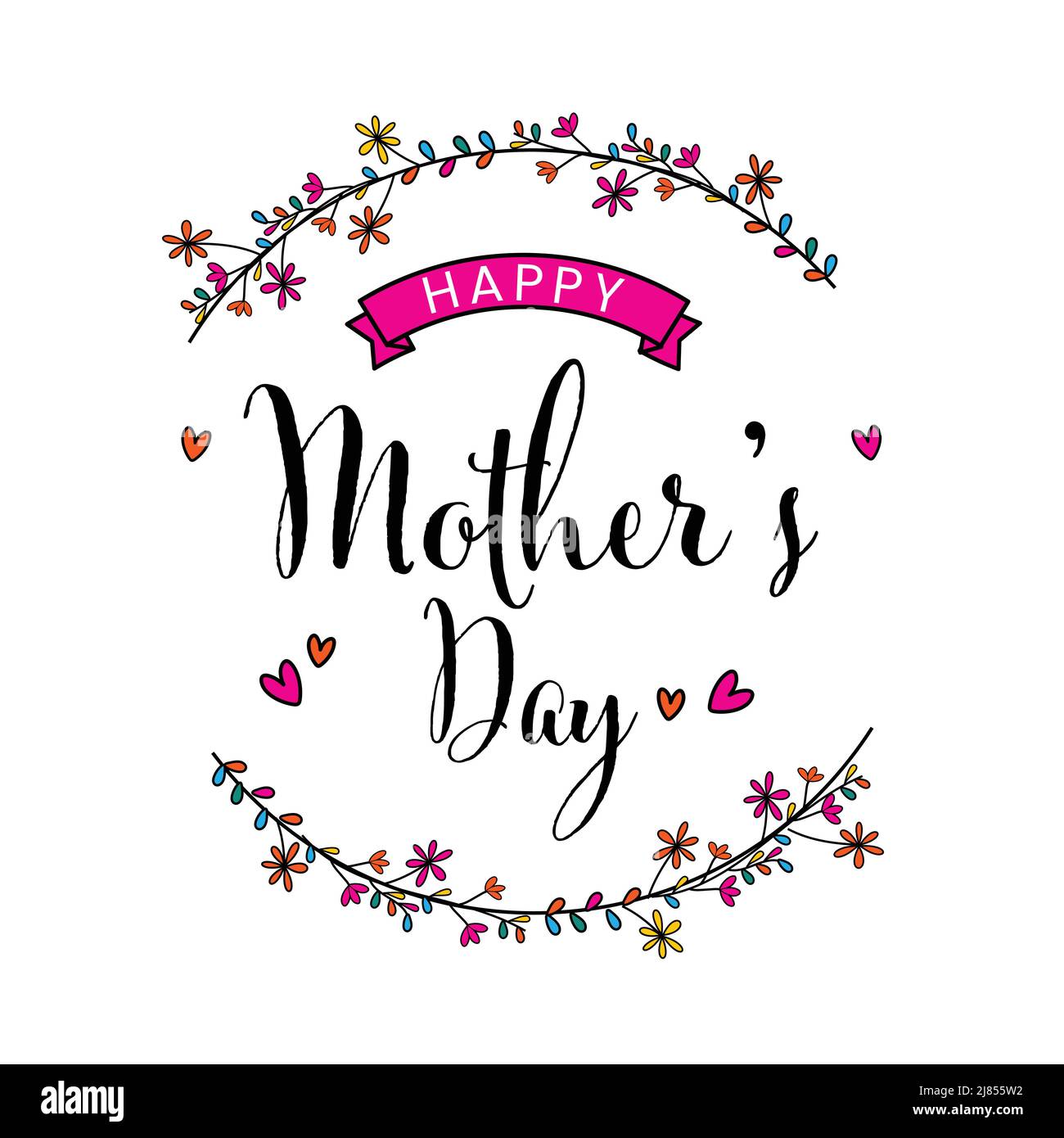 Happy Mother’s Day Lettering With Hearts And Floral Sticks Decorated On