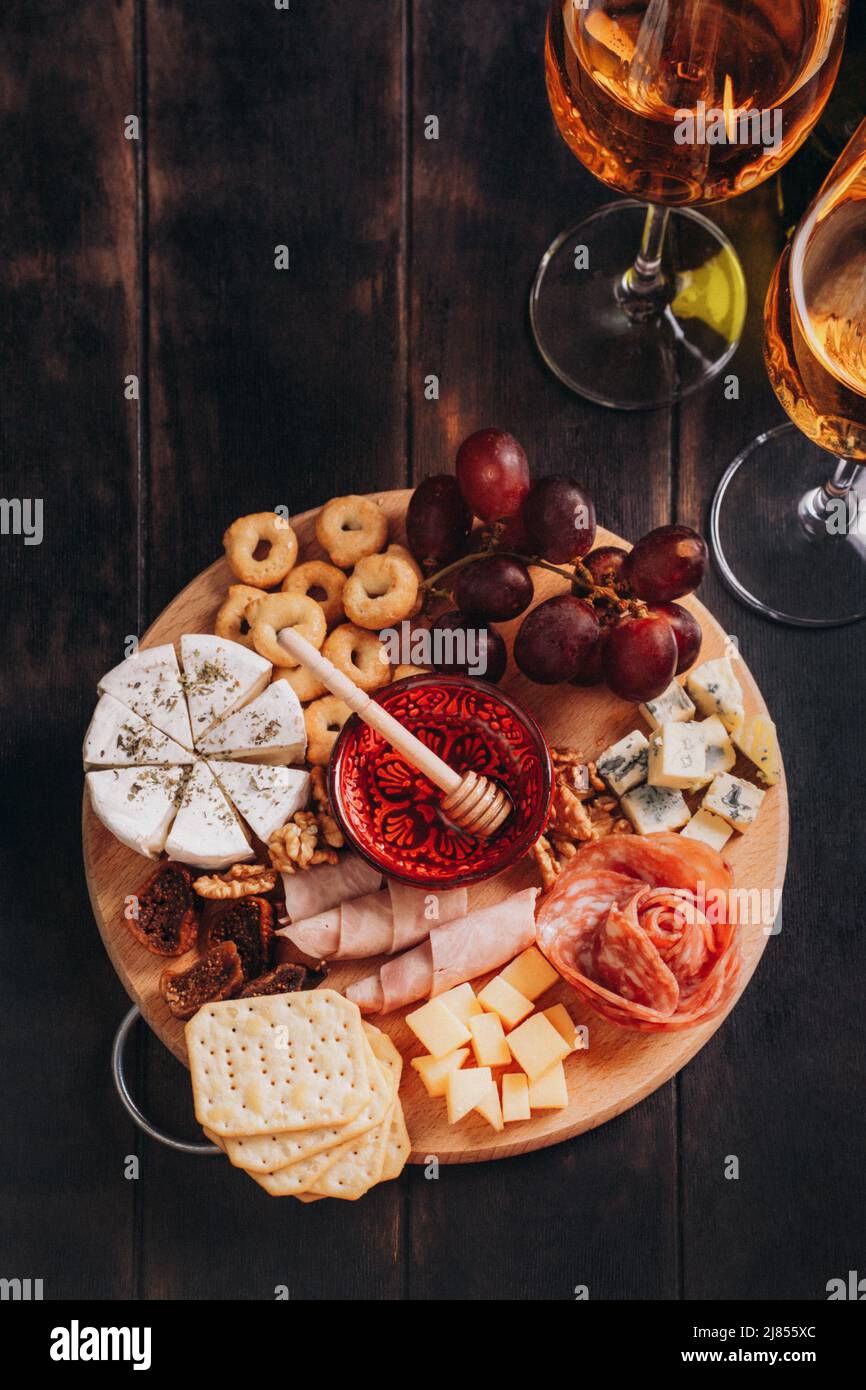 Wine appetizer, charcuterie and cheese platter flat lay, top view on ...