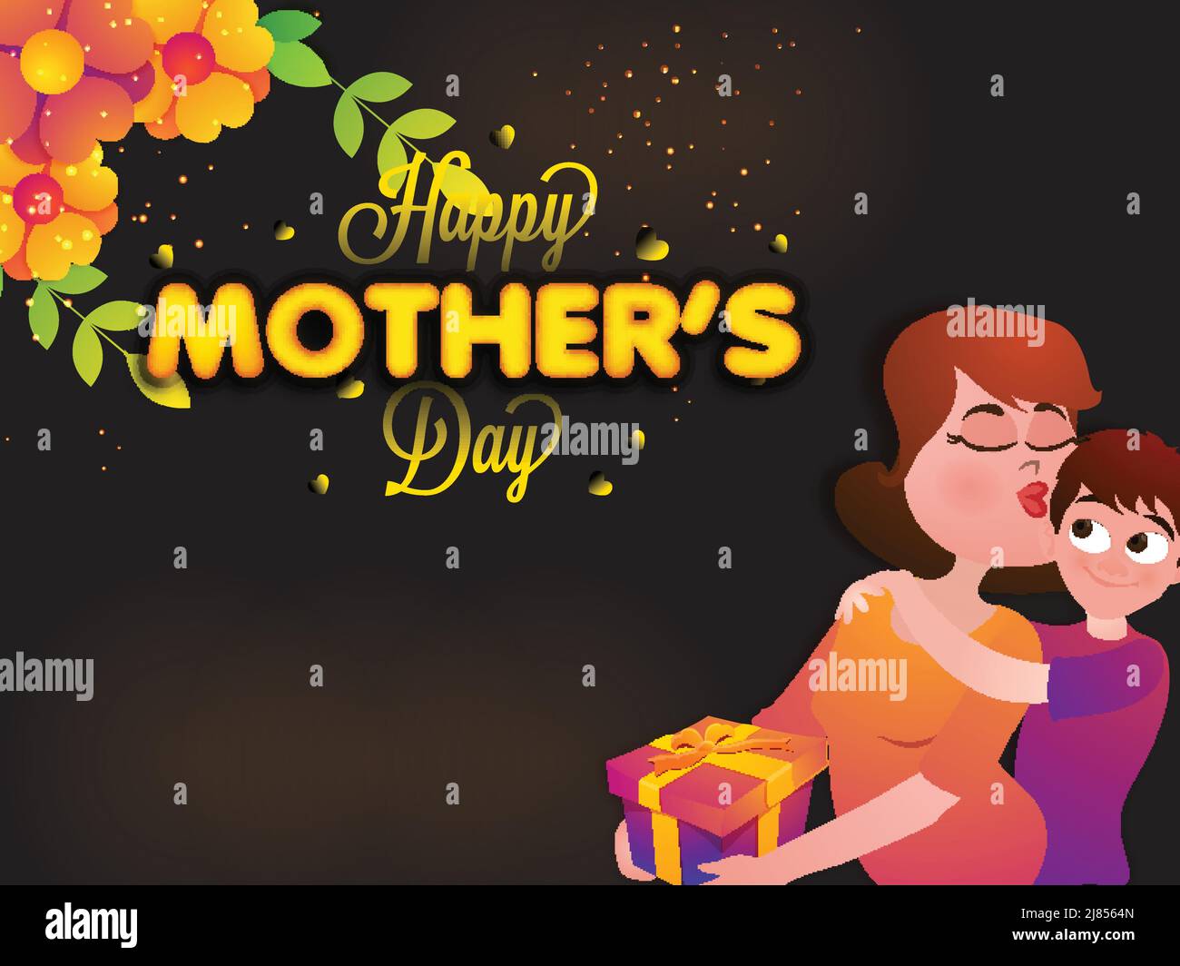 Happy Mother's Day Concept With Modern Young Lady Kissing Her Child And Floral On Black Lights Effect Background. Stock Vector