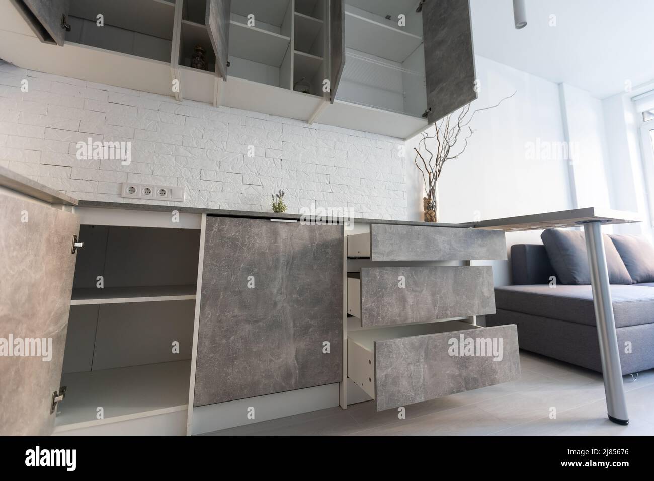 Modern minimalistic dark gray loft style studio apartment interior ...