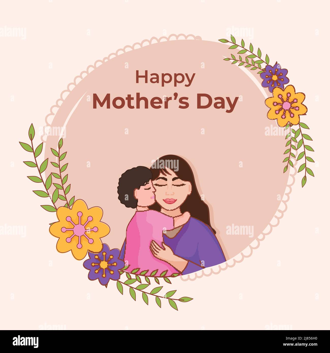 Happy Mother's Day Celebration Concept With Cute Baby Kissing Her Mom And Floral On Peach Background. Stock Vector