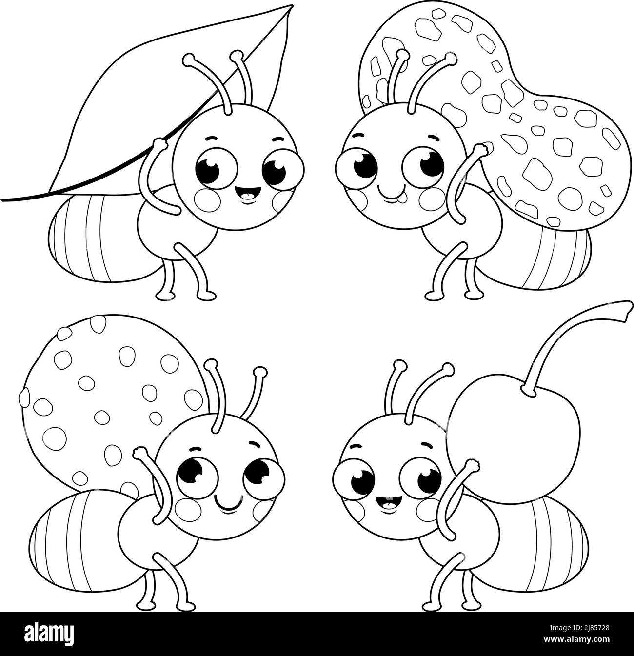 Cute ants carrying food. Vector black and white coloring page Stock Vector