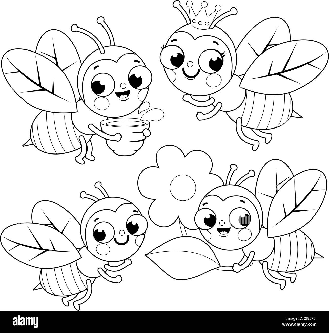 Cute bees. Vector black and white coloring page Stock Vector