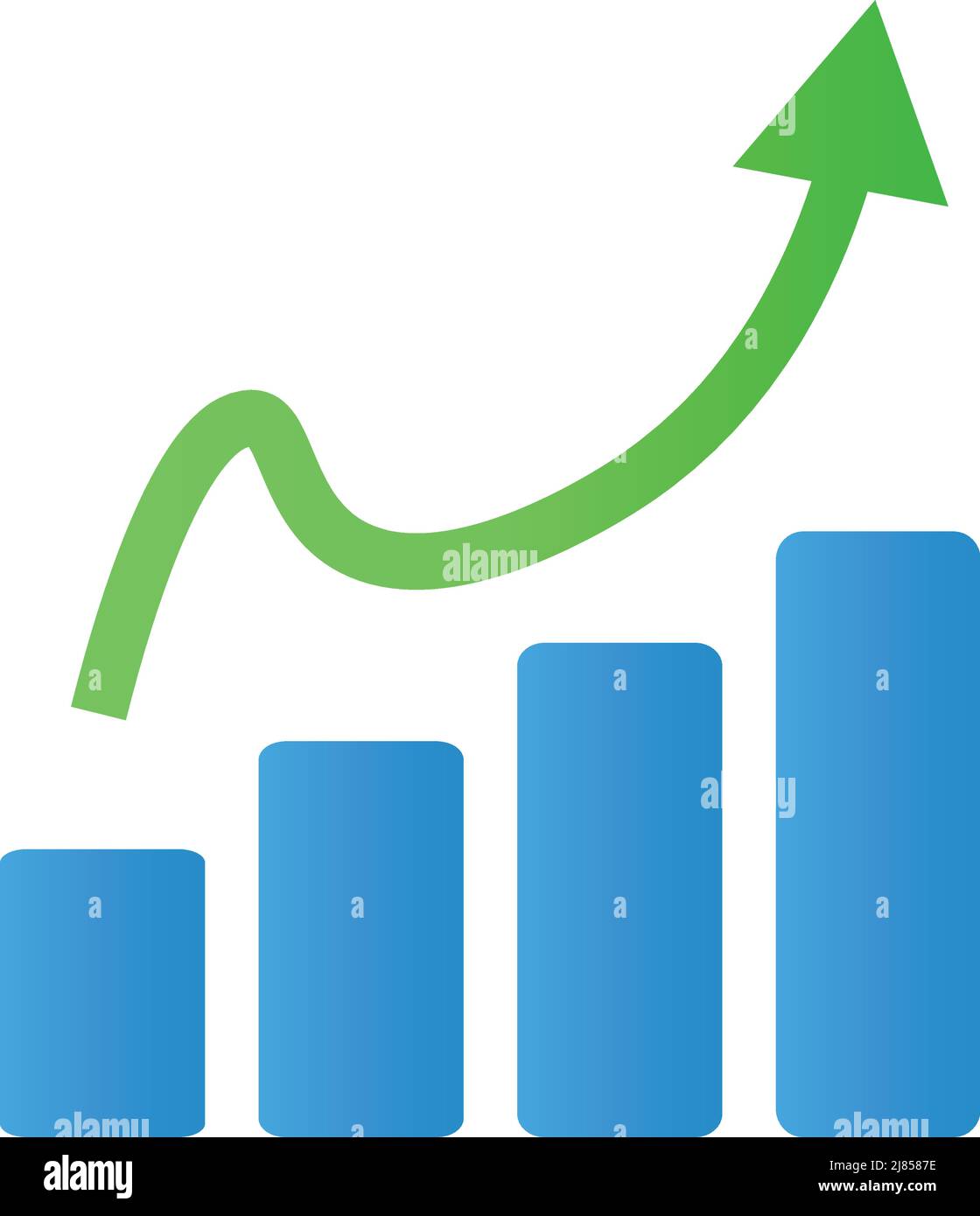 A blue bar graph icon with a green rising arrow. Editable vector. Stock Vector