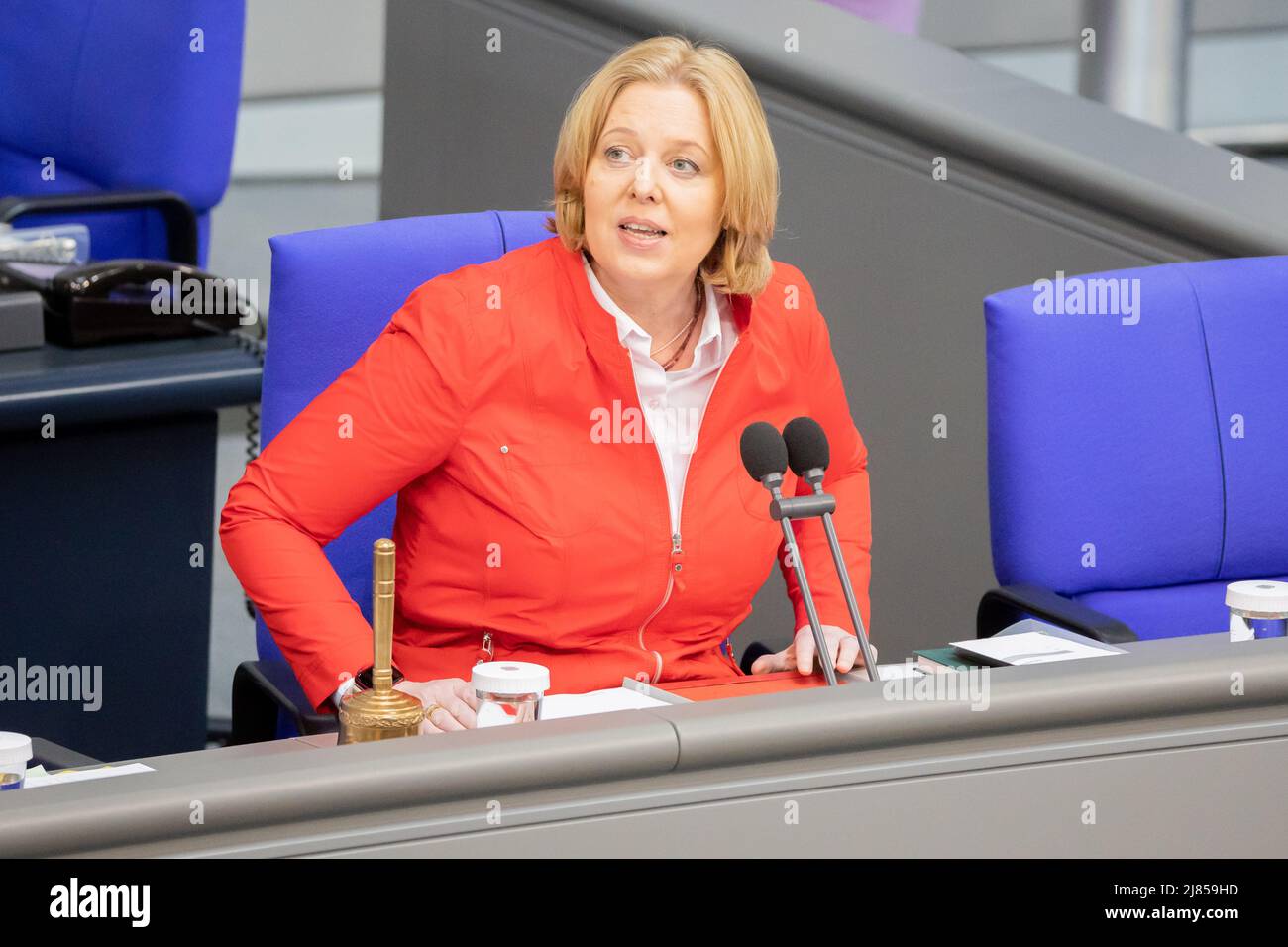 Berlin, Germany. 13th May, 2022. Bundestag President Bärbel Bas (SPD) opens the session in the plenary of the German Bundestag. The agenda includes deliberations on the 2022 pension adjustment, the abolition of the ban on abortion advertising, the suspension of Hartz IV sanctions and the reduction of the energy tax on fuels. Credit: Christoph Soeder/dpa/Alamy Live News Stock Photo