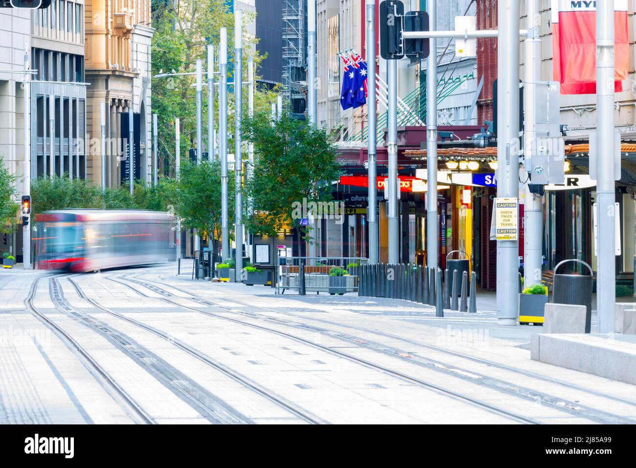 A light-rail tram on George Street in Sydney, Australia. Stock Photo