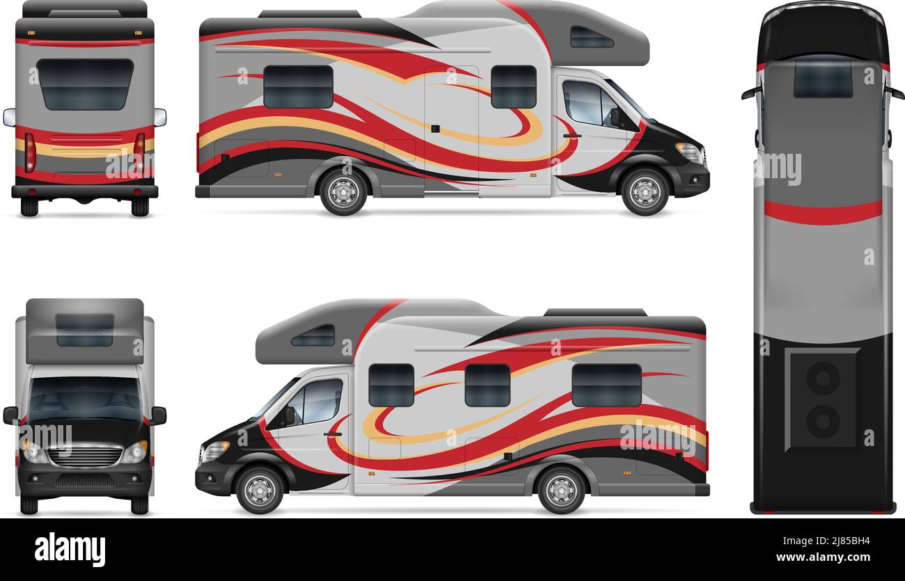 RV motorhome vector mockup on white for vehicle branding, corporate identity. All elements in the groups on separate layers for easy editing Stock Vector