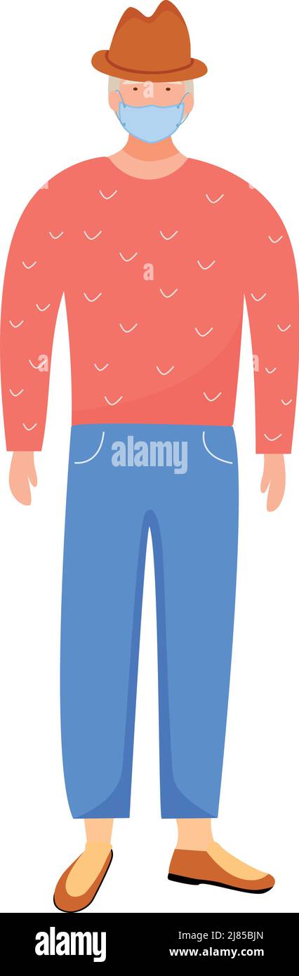 Elderly man with face mask semi flat color vector character Stock Vector