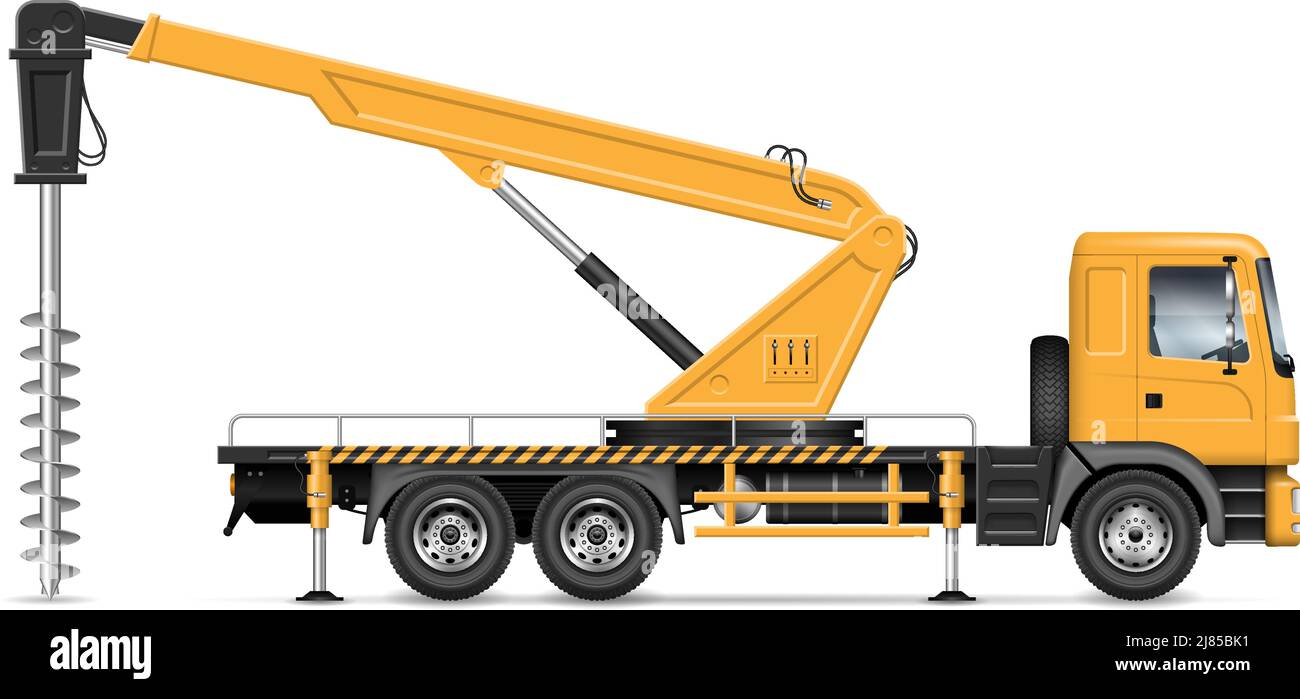 Digger derrick truck vector illustration view from side isolated on white background. Construction vehicle mockup. Stock Vector