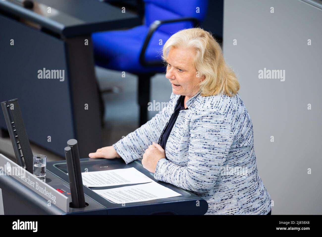 Berlin, Germany. 13th May, 2022. Ulrike Schielke-Ziesing (AfD), member of the German Bundestag, speaks in the plenary session of the German Bundestag. The agenda includes deliberations on the 2022 pension adjustment, the abolition of the ban on abortion advertising, the suspension of Hartz IV sanctions and the reduction of the energy tax on fuels. Credit: Christoph Soeder/dpa/Alamy Live News Stock Photo
