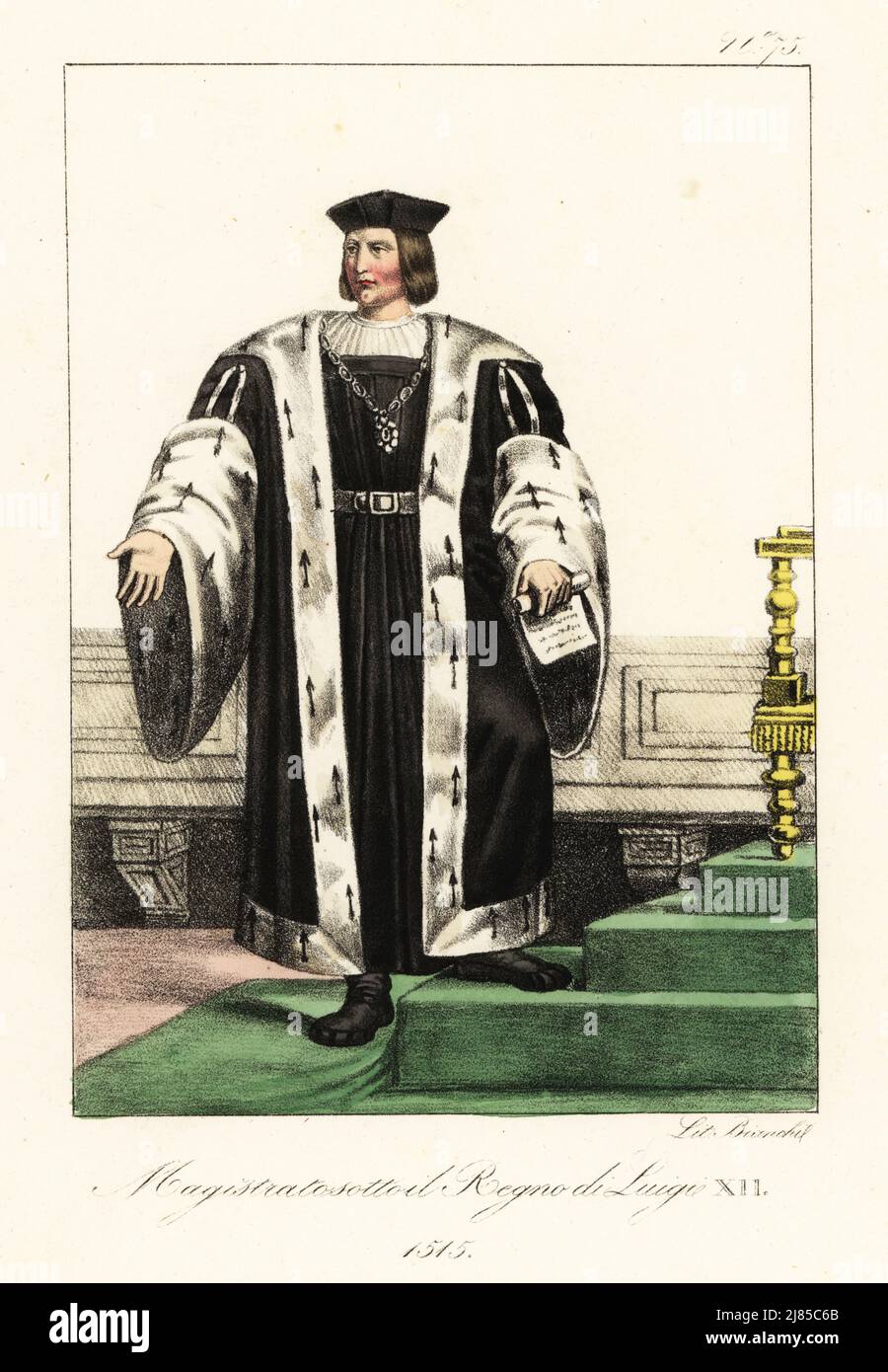 French magistrate in the reign of King Louis XII, 1515. In cap, velvet mantle with full sleeves, ermine trim, black robe, silver chain. Magistrat sous le Regne de Louis XII. Handcoloured lithograph by Lorenzo Bianchi after Hippolyte Lecomte from Costumi civili e militari della monarchia francese dal 1200 al 1820, Naples, 1825. Italian edition of Lecomte’s Civilian and military costumes of the French monarchy from 1200 to 1820. Stock Photo