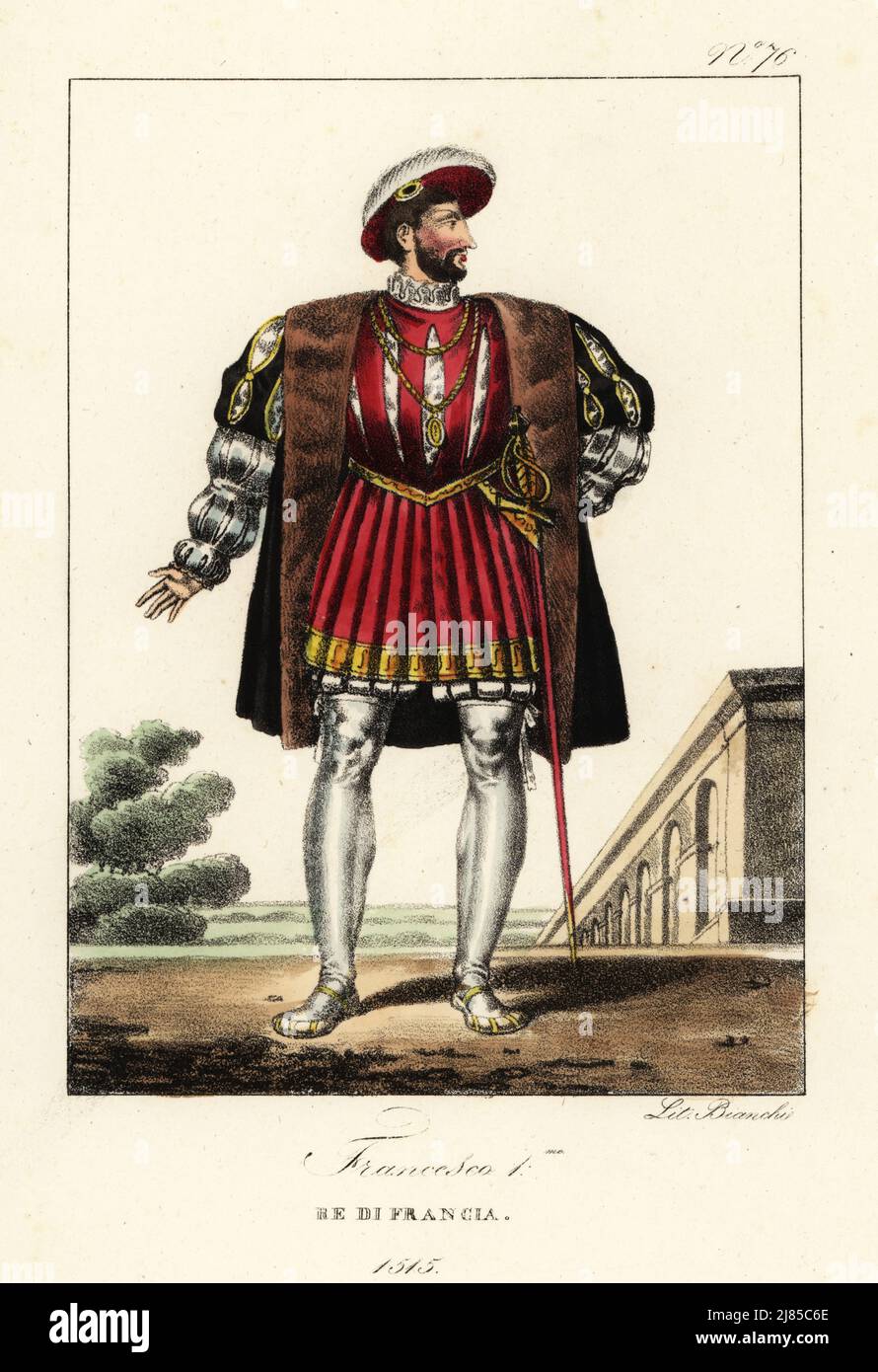 Francis I, King of France, 1515. In bejeweled cap, fur-lined slashed mantle, slashed doublet, hose, with court sword. Francois I, Roi de France. Handcoloured lithograph by Lorenzo Bianchi after Hippolyte Lecomte from Costumi civili e militari della monarchia francese dal 1200 al 1820, Naples, 1825. Italian edition of Lecomte’s Civilian and military costumes of the French monarchy from 1200 to 1820. Stock Photo