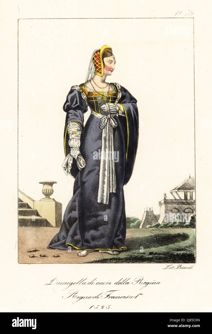 Maid of honour to queen Claude, wife of King Francis I of France. In gold  mesh headdress, gown with full sleeves, sash belt, slippers. Fille  d'Honneur de la Reine. Regne de Francois