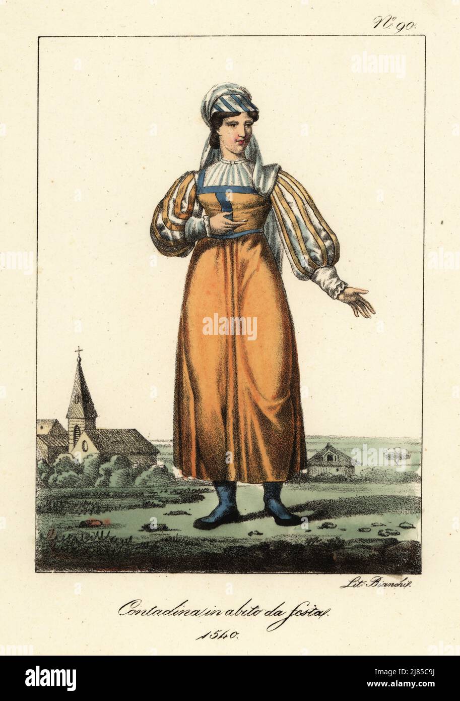 French peasant woman in festival costume, 1540. In bonnet, veil, gown with  bodice, slashed sleeves. Paysanne en habit de fete. Handcoloured lithograph  by Lorenzo Bianchi after Hippolyte Lecomte from Costumi civili e