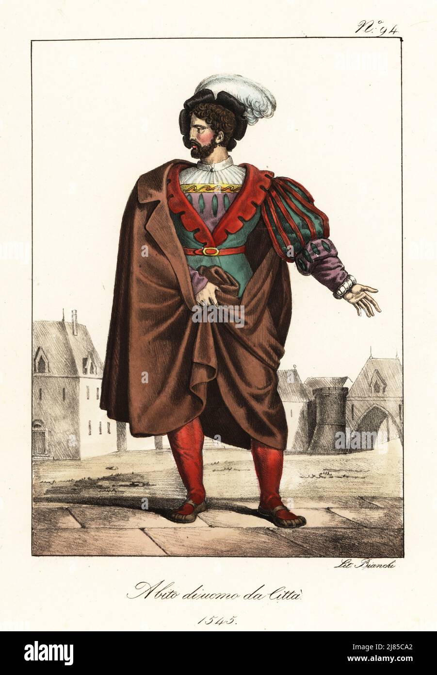 French bourgeois man, 1545. In plumed cap, cape, doublet with slashed  sleeves, hose, shoes. Costume d'Homme a la ville. Handcoloured lithograph  by Lorenzo Bianchi after Hippolyte Lecomte from Costumi civili e militari