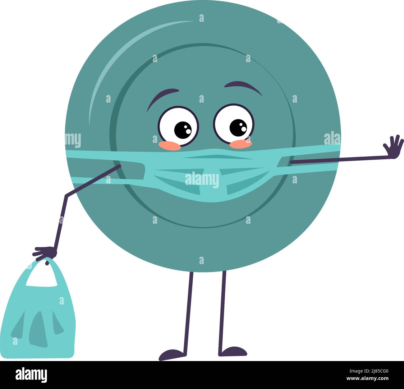 Cute plate character with emotions, face and mask keep distance, hands with shopping bag and stop gesture. A sad hero, a dish with eyes for a cafe. Vector flat illustration Stock Vector
