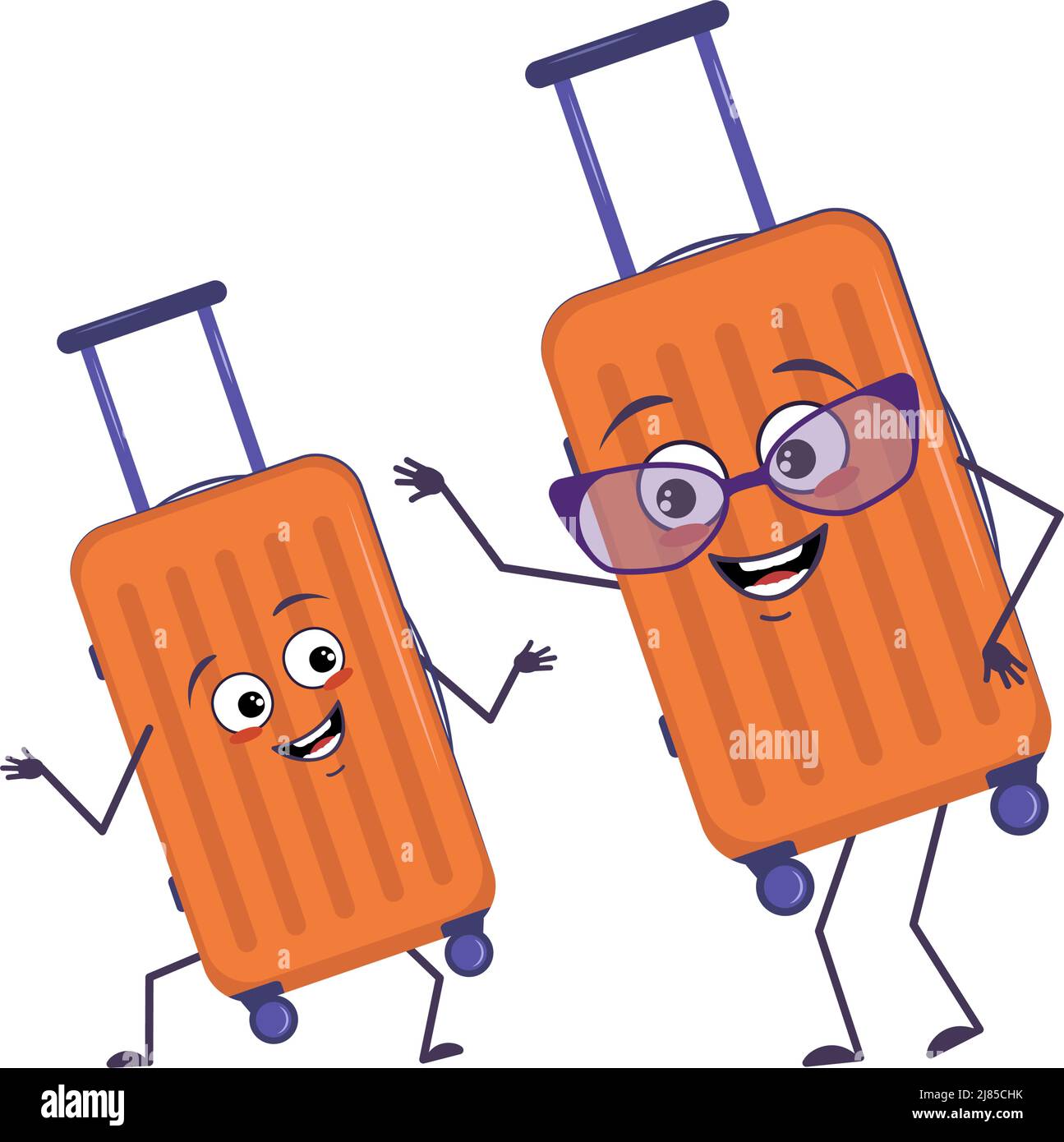 Cute character of vacation suitcases with happy emotions and smiling face. Funny grandmother with glasses and dancing grandson with arms and legs. The joyful hero, lucky luggage. Vector illustration Stock Vector Image Cute character of vacation suitcases with happy emotions and smiling face. Funny grandmother with glasses and dancing grandson with arms and legs. The joyful hero, lucky luggage. Vector illustration Stock Vector Image