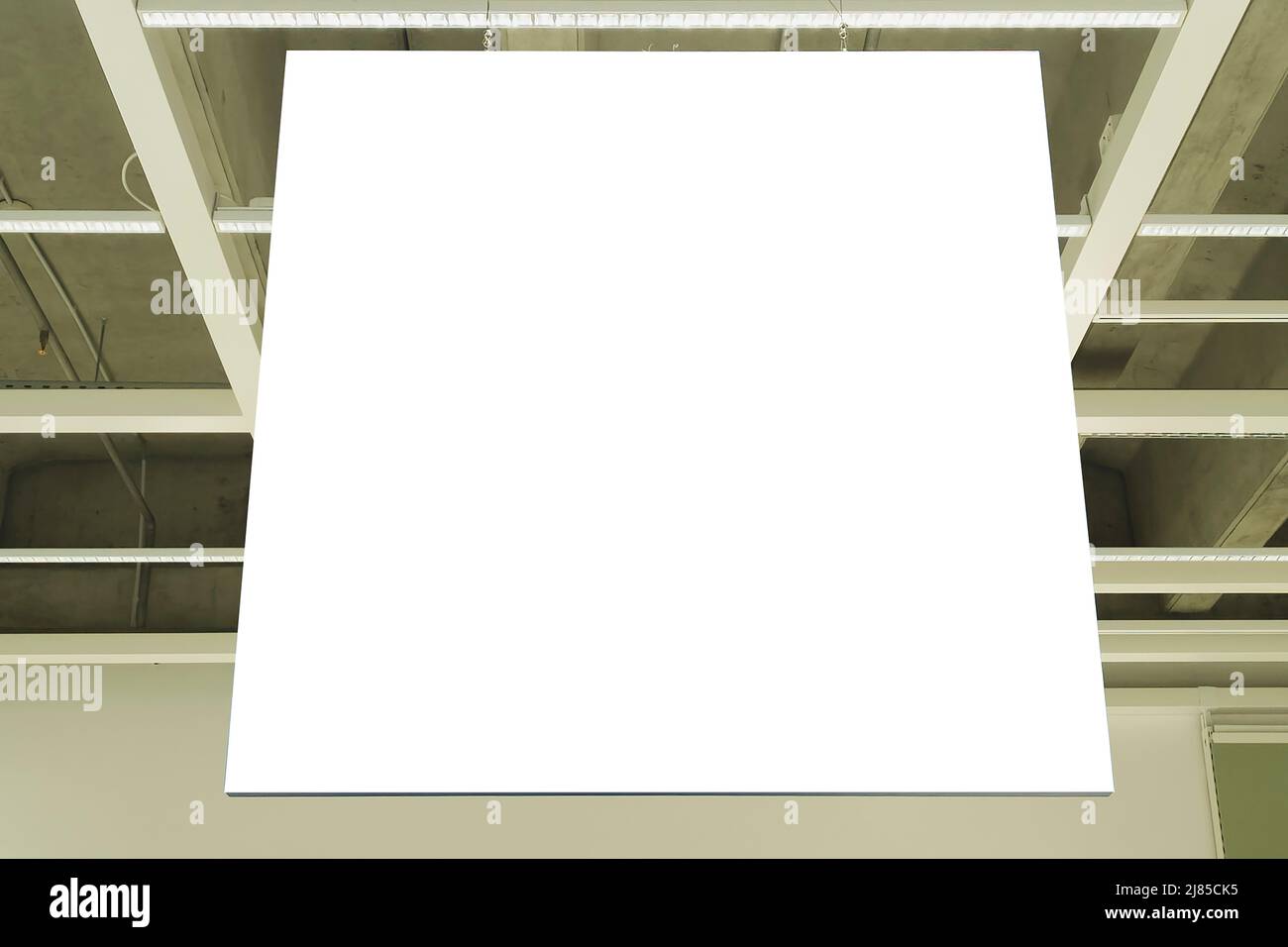 Mock up. White empty rectangular signboard, information board inside in shopping mall, store Stock Photo