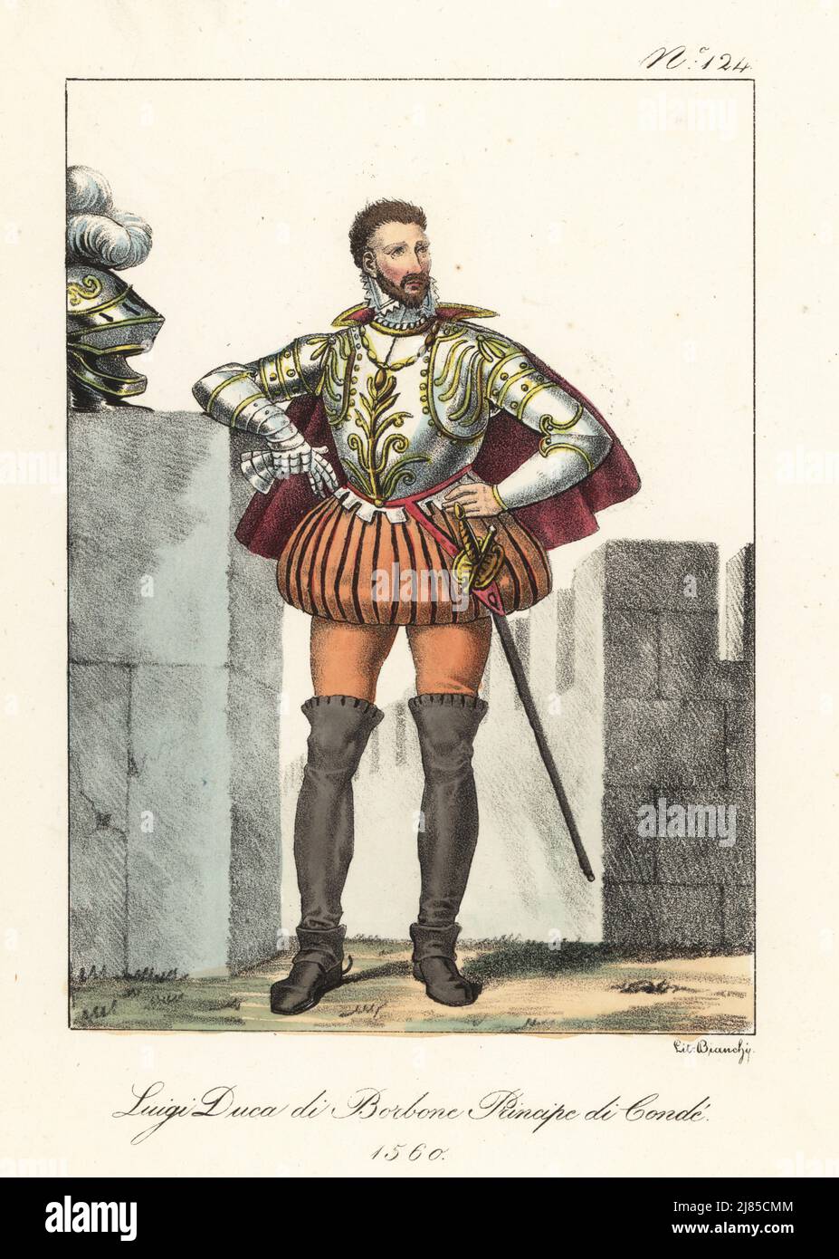 Louis de Bourbon, Prince of Condé, 1530-1569. Huguenot leader and general, founder of the Condé branch of the House of Bourbon. In ruff collar, cape, ornately decorated cuirass armour, slashed breeches, hose, boots, with sword, helm and gauntlets. Louis Duc de Bourbon, Prince de Conde. Handcoloured lithograph by Lorenzo Bianchi after Hippolyte Lecomte from Costumi civili e militari della monarchia francese dal 1200 al 1820, Naples, 1825. Italian edition of Lecomte’s Civilian and military costumes of the French monarchy from 1200 to 1820. Stock Photo