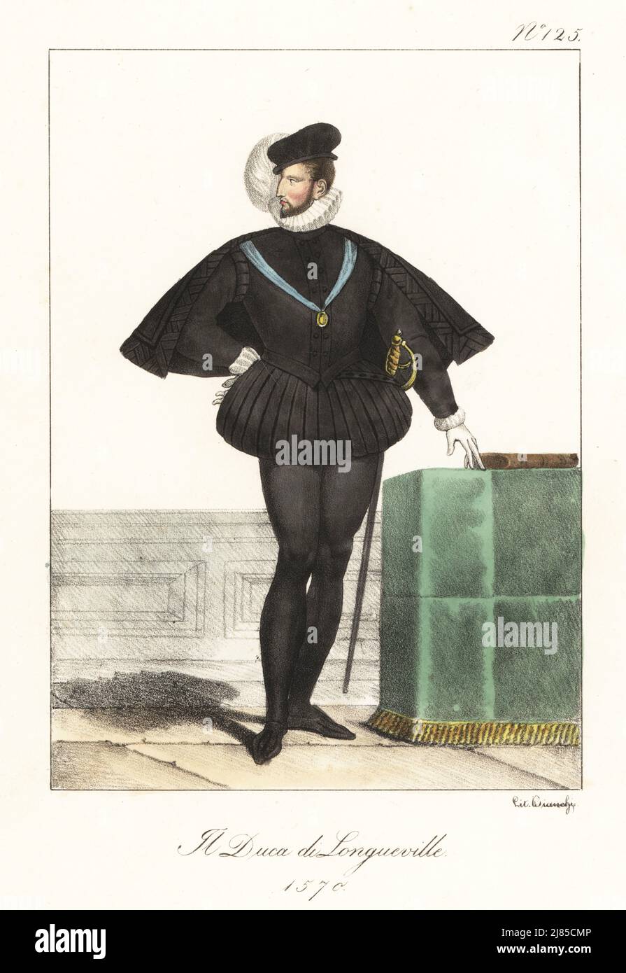Leonor d'Orleans, Duke of Longueville, 1540-1573. Governor of Picardy and Normandy and military leader during the French Wars of Religion In plumed cap, black cape, doublet, breeches, hose, with sword. Le Duc de Longueville, 1570. Handcoloured lithograph by Lorenzo Bianchi after Hippolyte Lecomte from Costumi civili e militari della monarchia francese dal 1200 al 1820, Naples, 1825. Italian edition of Lecomte’s Civilian and military costumes of the French monarchy from 1200 to 1820. Stock Photo
