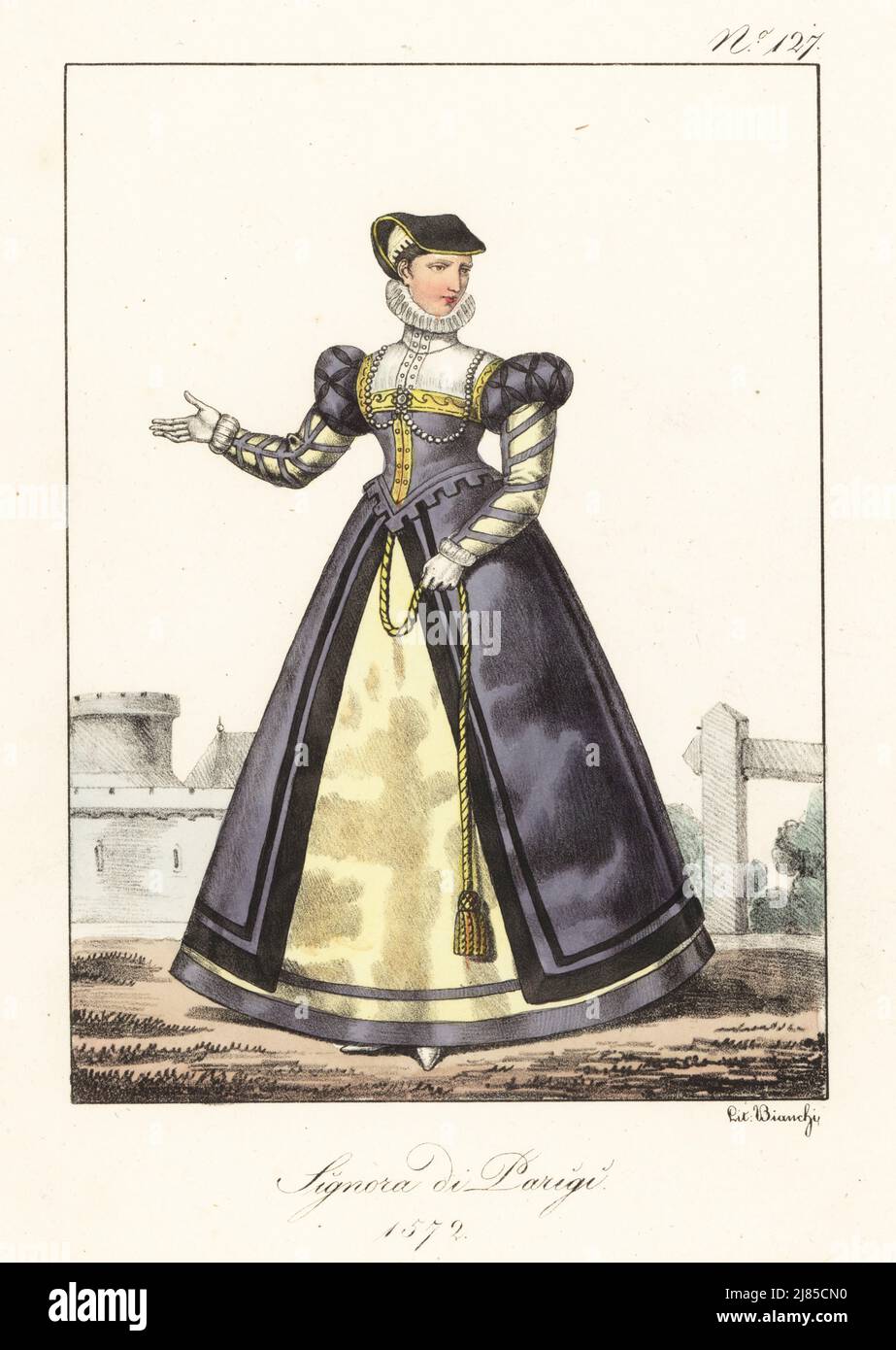 Costume of a lady of Paris, 1572. In headdress, ruff collar, gown with puff shoulders, embroidered bodice, silk underskirt. Dame de Paris. Handcoloured lithograph by Lorenzo Bianchi after Hippolyte Lecomte from Costumi civili e militari della monarchia francese dal 1200 al 1820, Naples, 1825. Italian edition of Lecomte’s Civilian and military costumes of the French monarchy from 1200 to 1820. Stock Photo