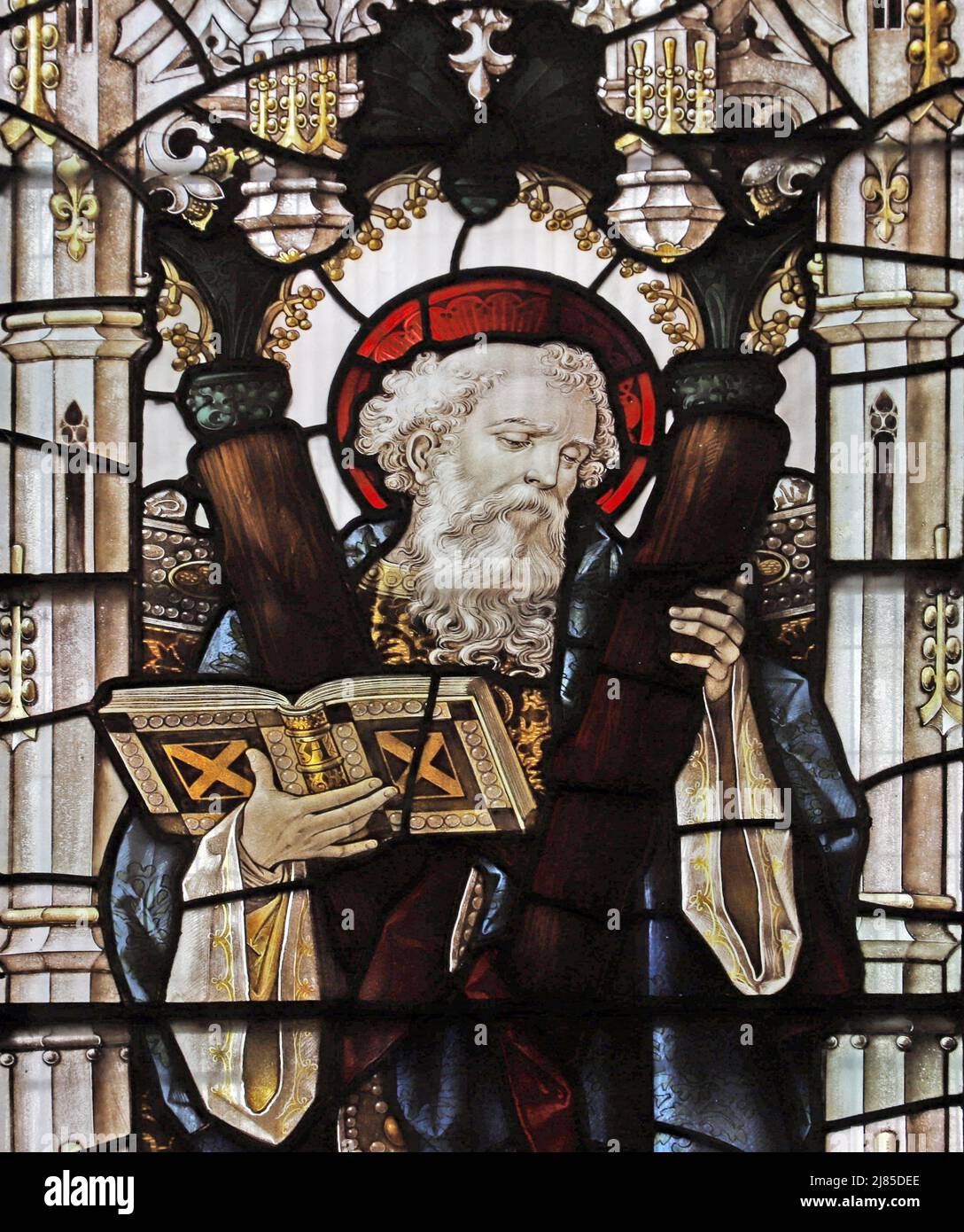 Stained glass window by Percy Bacon & Brothers depicting St Andrew, All Saints Church, Evesham Stock Photo