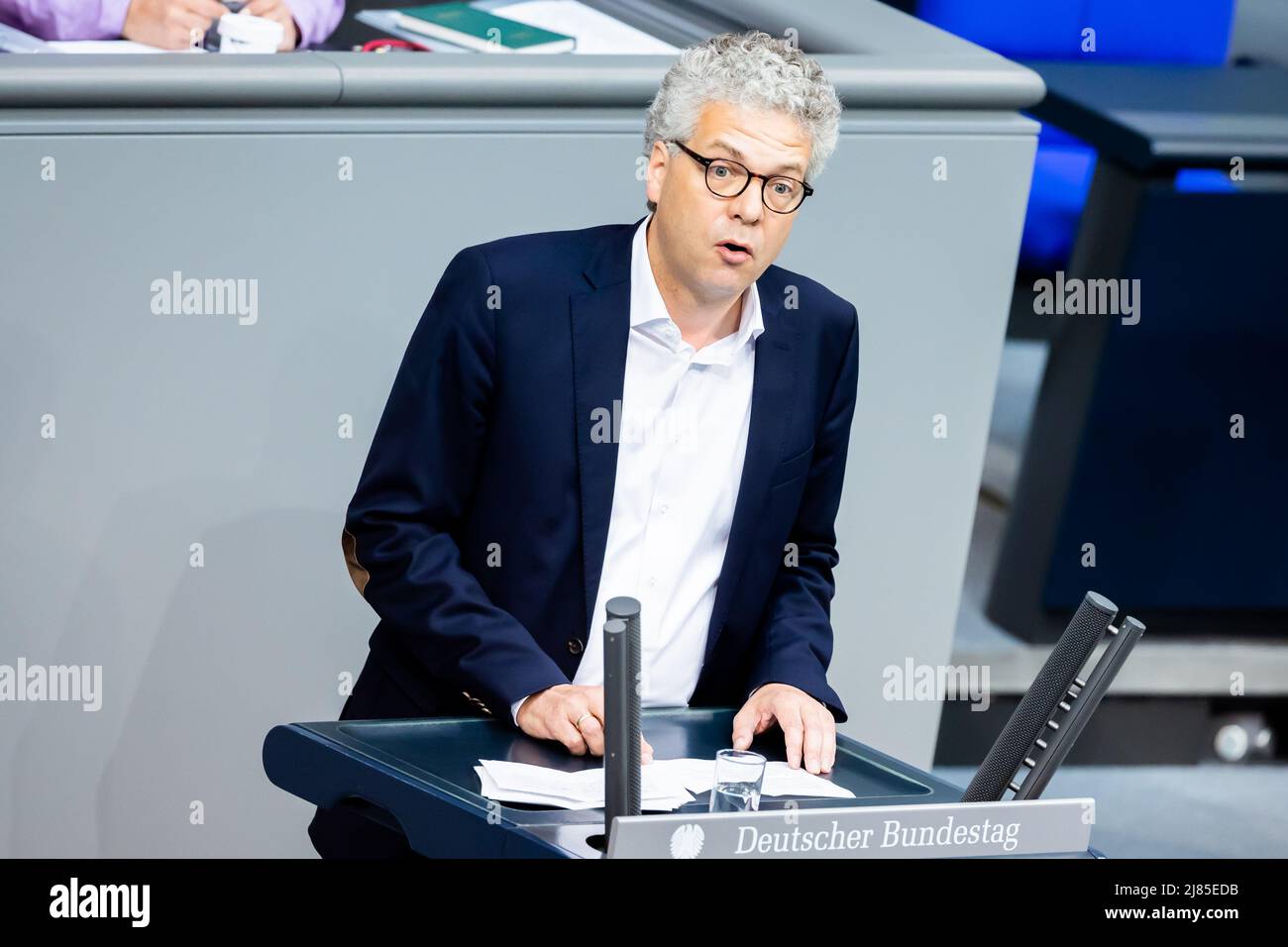 Berlin, Germany. 13th May, 2022. Stefan Nacke (CDU), member of the German Bundestag, speaks in the plenary session of the German Bundestag. The agenda includes deliberations on the 2022 pension adjustment, the abolition of the ban on abortion advertising, the suspension of Hartz IV sanctions and the reduction of the energy tax on fuels. Credit: Christoph Soeder/dpa/Alamy Live News Stock Photo