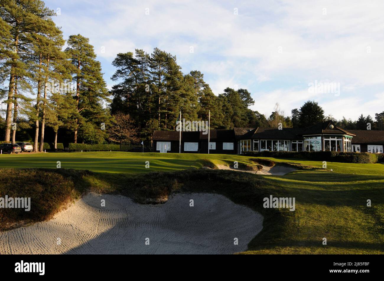 View over Greenside Bunkers to 18th Green and The Clubhouse, Liphook