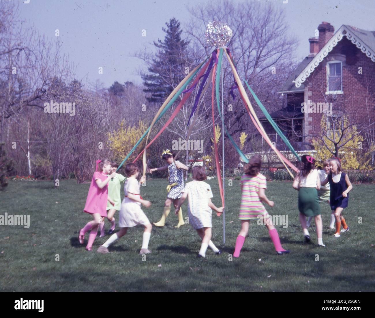 UK School Life in the 1960's Dancing around the maypole in 1969  Photo by Tony Henshaw Archive Stock Photo