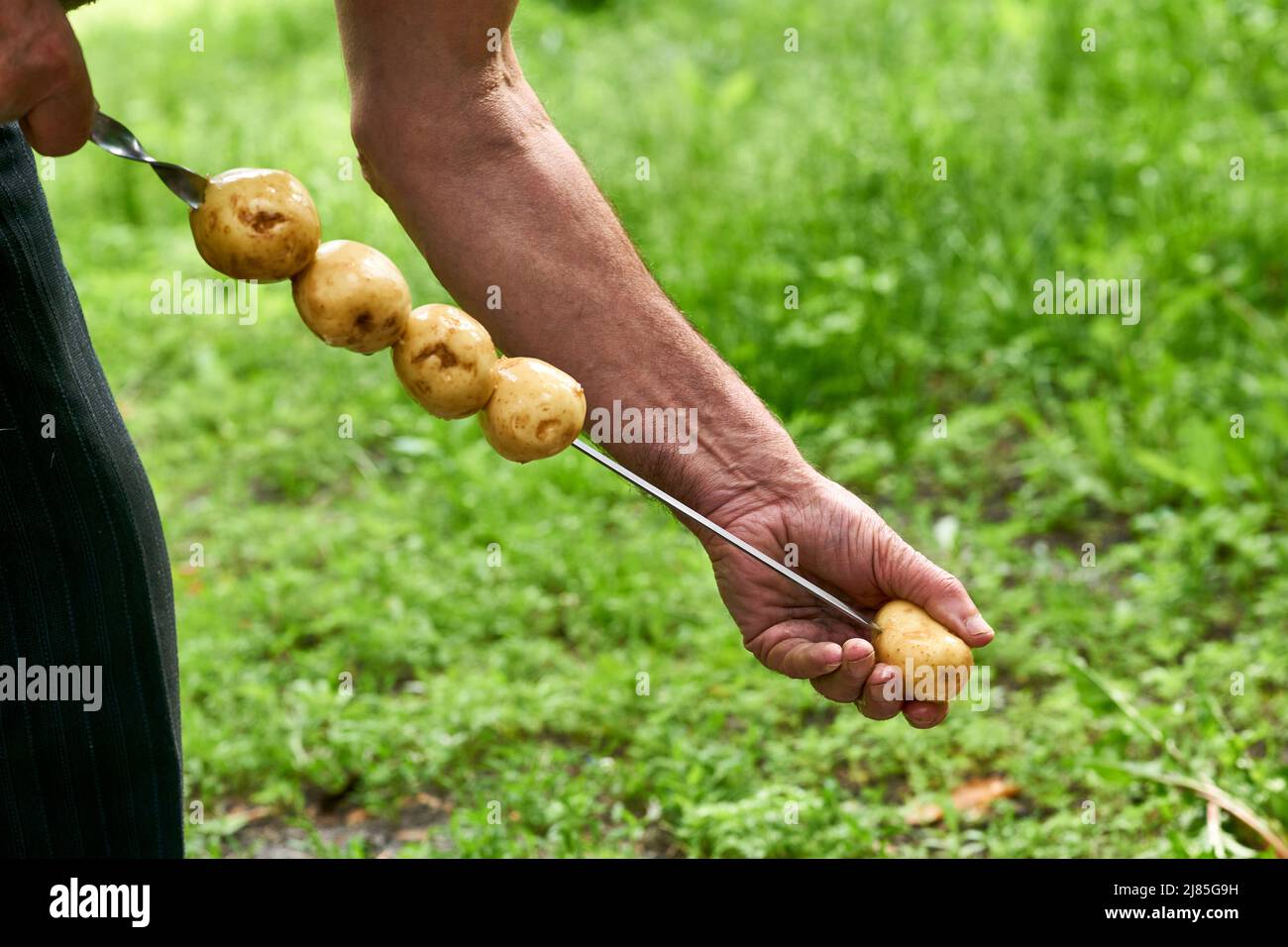 Hands of a man stringing potatoes on a skewer for grilling Stock Photo ...
