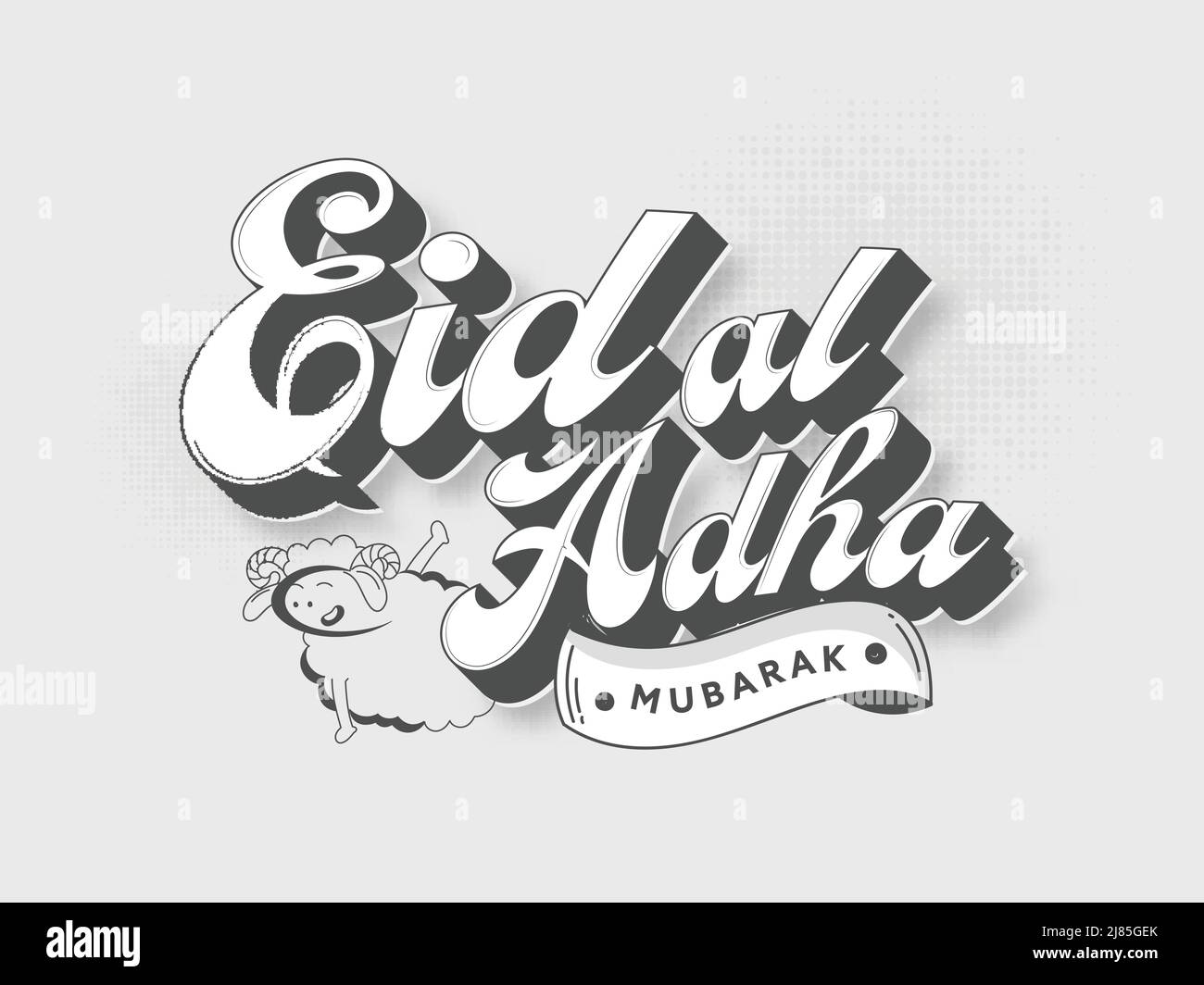 3D Eid Al Adha Font With Cartoon Sheep On Gray Halftone Effect Background. Stock Vector