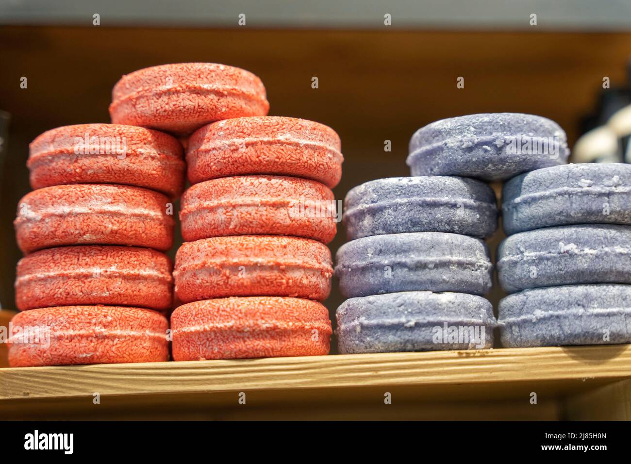 Colorful beautiful handmade aromatic soap on the shop window Stock
