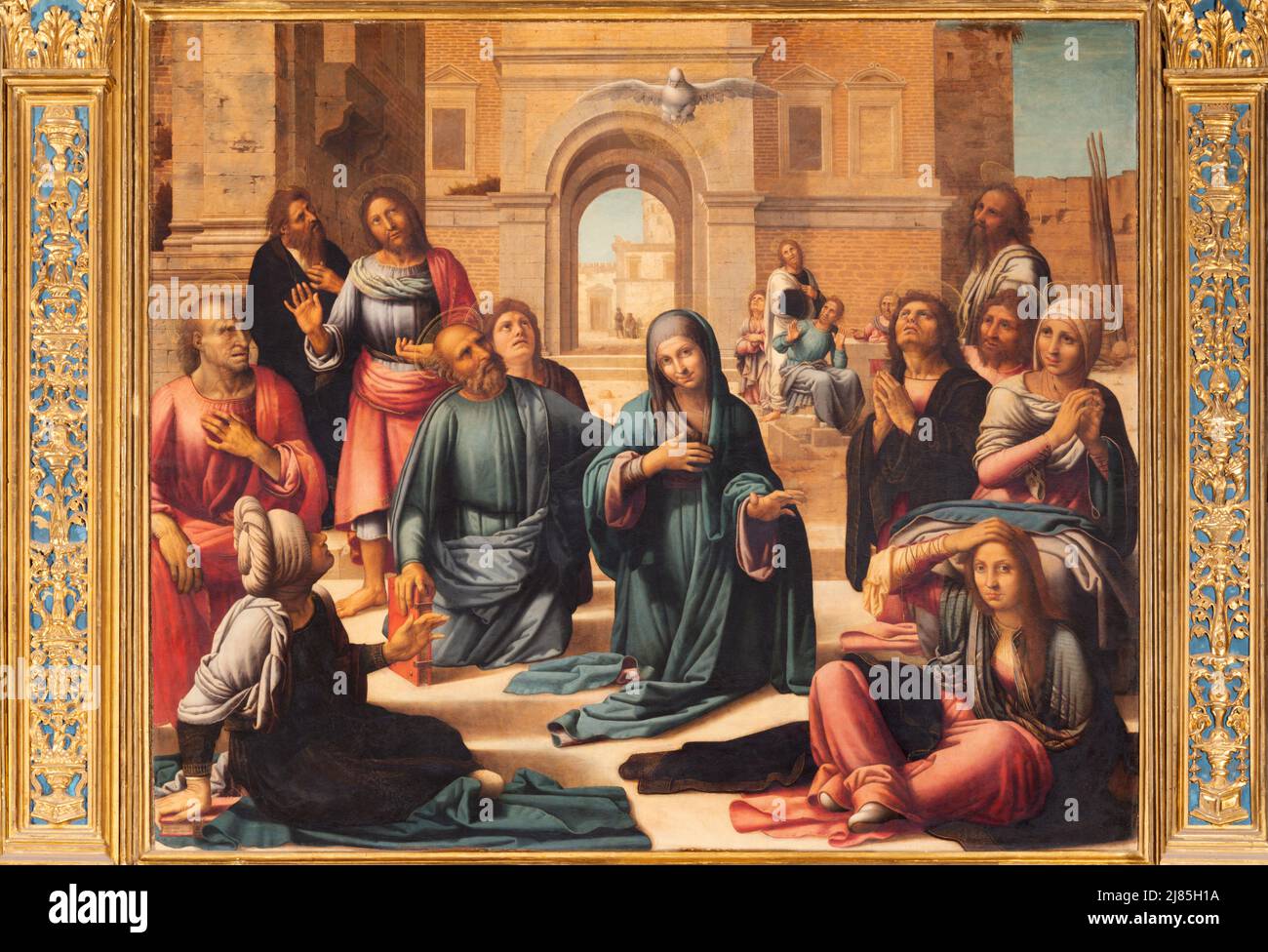 VALENCIA, SPAIN - FEBRUAR 14, 2022: The painting of Pentecost on the main altar  in the Cathedral Stock Photo