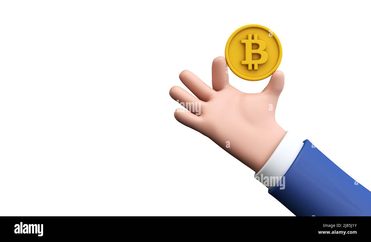 Cartoon style hand holding a bitcoin crypto currency coin. 3D Render Stock  Photo - Alamy